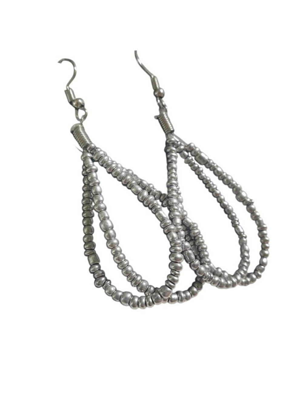 Beaded Drop Dangle Loop Earrings Silver Seed Beads Lightweight Hook Ear Wires